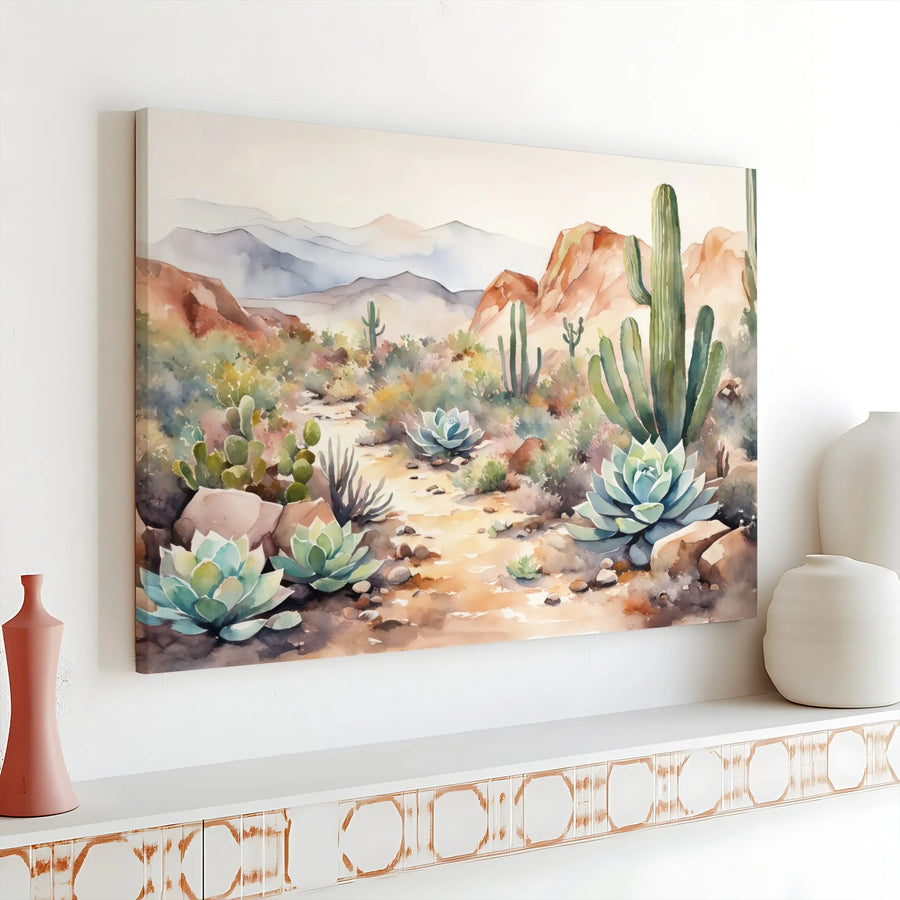 Desert Landscape Canvas Wall Art | Watercolor Saguaro Cactus Painting | Premium Gallery Wrapped Print | Boho Southwestern Home Decor