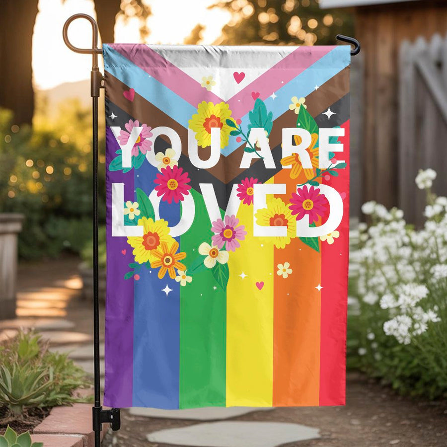 Progress Pride Garden Flag | Floral You Are Loved Design | Weather-Resistant Polyester | Inclusive LGBTQ Home Decor Gift