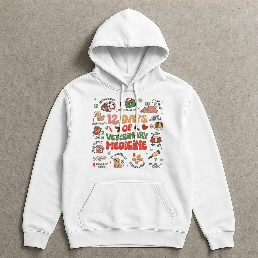 12 Days Of Veterinary Medicine Hoodie | Funny Vet Tech Christmas Graphic | Premium Cotton Blend | Gift For Veterinarian And Veterinary Staff