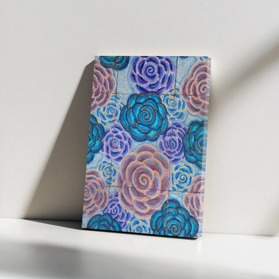 Floral Rose Canvas Wall Art | Hand-Drawn Blue And Pink Botanical Pattern | Premium Gallery-Wrapped Print | Modern Home Decor For Living Room