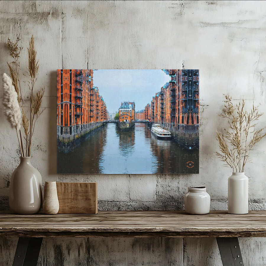 Hamburg Speicherstadt Canvas Wall Art | Painterly Cityscape Print | Premium 1.25" Thick Gallery Wrap | Germany Travel Souvenir Gift for Living Room