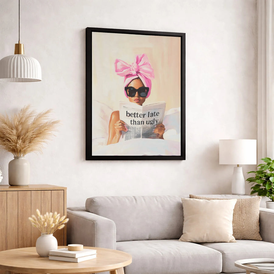 Better Late Than Ugly Wall Art | Stylish Woman with Pink Towel Wrap Decor | Premium Gallery-Wrapped Canvas | Funny Bedroom Bathroom Wall Decor Gift