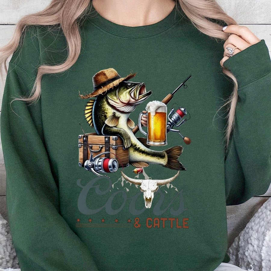 Coors Sweatshirt, Beer Fishing Sweatshirt For Men, Coors And Cattle Country Western Sweatshirt, Bass Fishing Graphic With Cowboy Cattle