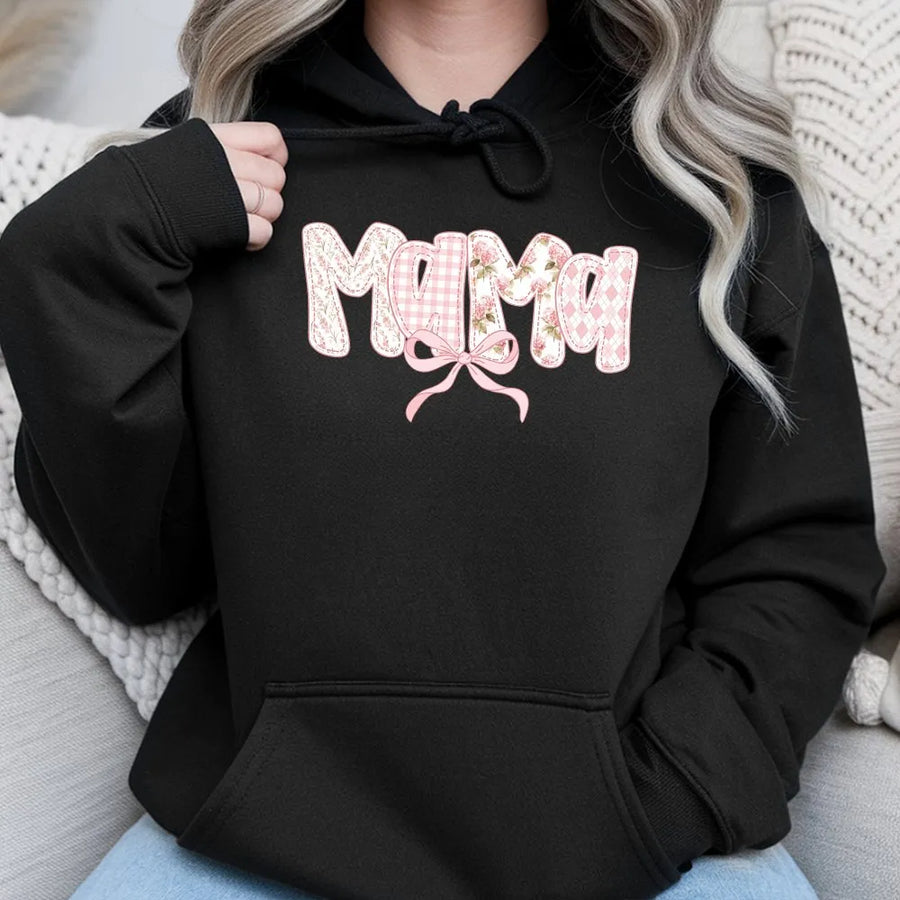 Mama Hoodie | Pink Floral & Gingham Quilt Style Letters | Cozy Crewneck Pullover | Premium Mother's Day Gift for New Mom