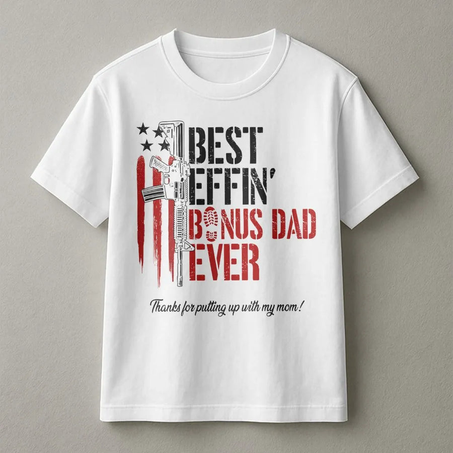 Bonus Dad T-Shirt | Funny Patriotic Gun Graphic Design | 100% Cotton Premium Tee | Best Stepdad Gift for Father's Day 2026 Birthday