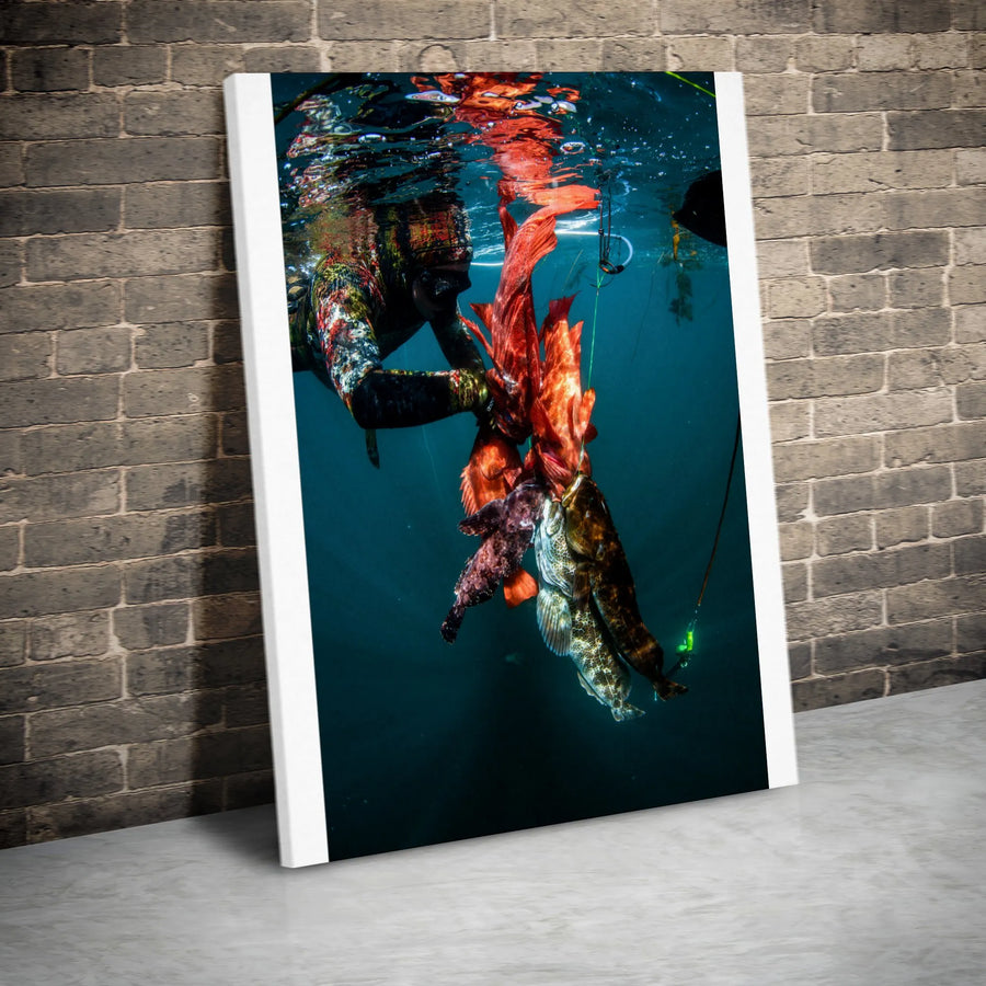 Spearfishing Wall Art | Underwater Hunter with Catch Canvas Print | Gallery-Quality Canvas | Gift for Fisherman Man Cave Decor