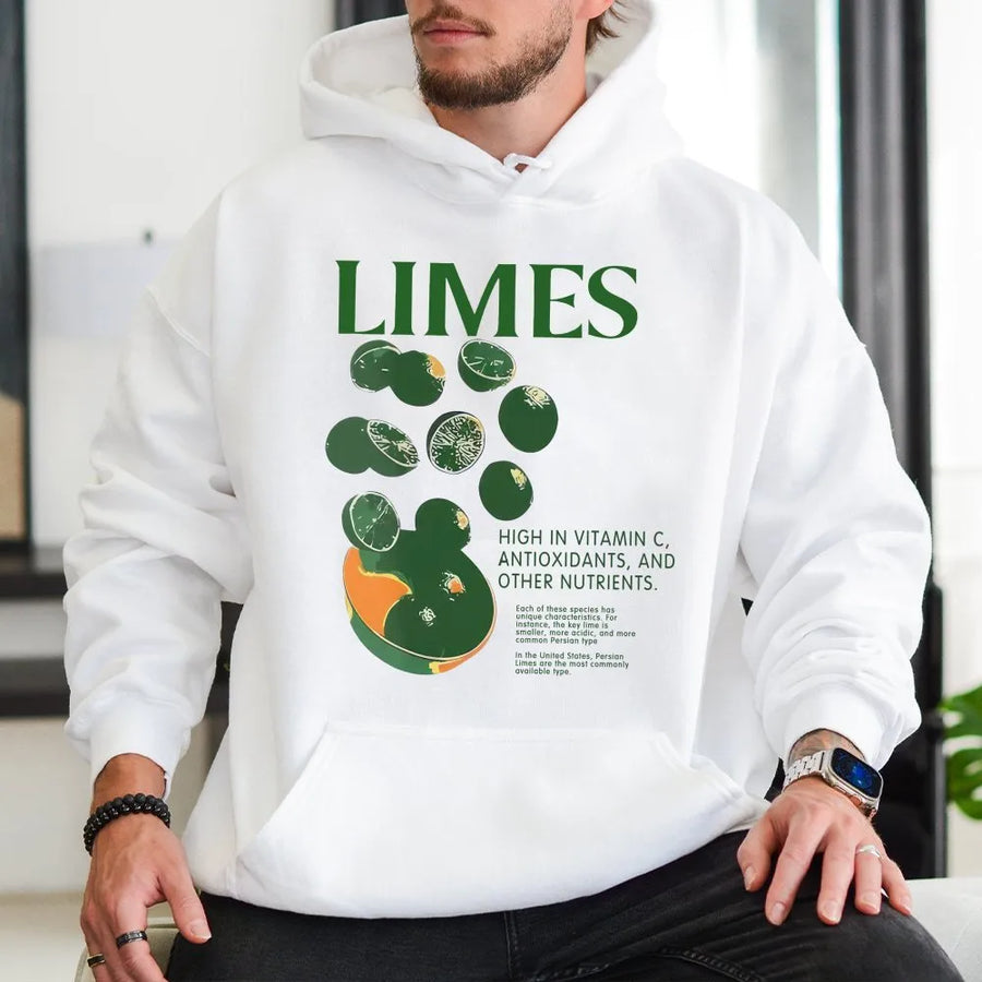Limes Fruit Hoodie | Retro Botanical Typography Graphic | Premium Cotton Blend | Aesthetic Foodie Gift for Men and Women
