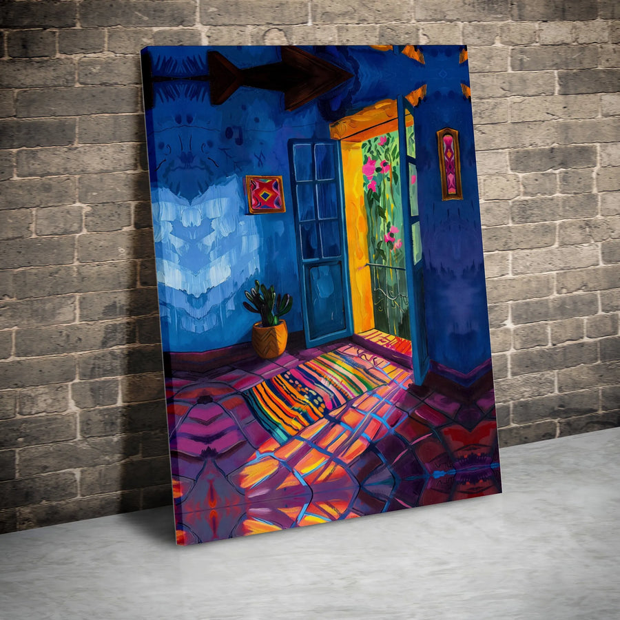 Mediterranean Room Canvas Wall Art | Vibrant Sunlit Open Door Interior | 1.25 Inch Gallery Wrap | Bohemian Home Decor Gift