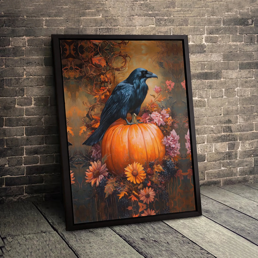 Raven On Pumpkin Canvas Print | Gothic Fall Harvest Wall Art | Premium Fade-Resistant Gallery Wrap | Spooky Halloween Decor For Home