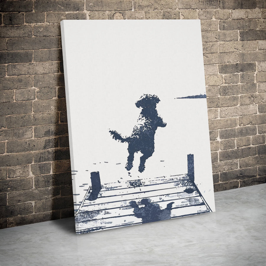Dog Jumping Into Water Canvas Art | Minimalist Dock Silhouette Print | Premium 1.25" Gallery Wrap | Modern Pet Lover Home Decor Gift