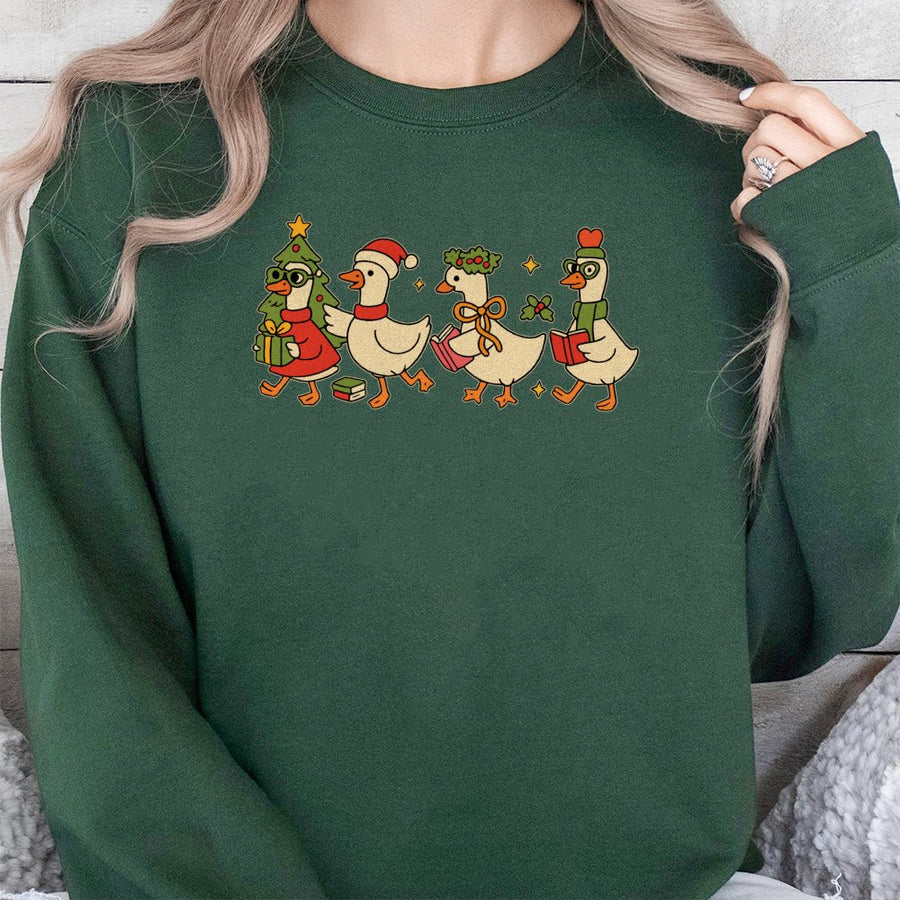 Christmas Duck Sweatshirt | Cute Festive Goose Reading Crewneck | Premium Cotton Blend | Teacher Holiday Gift for Women and Men