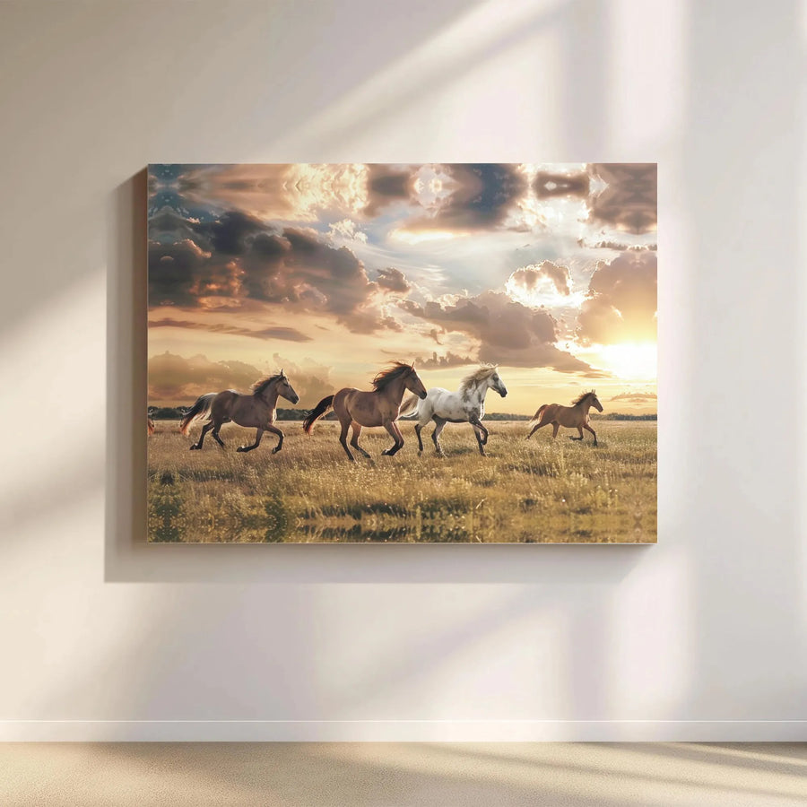 Wild Horse Canvas Wall Art | Running Horses at Sunset Landscape | Premium Gallery Wrap Print | Western Home Decor Gift for Horse Lovers