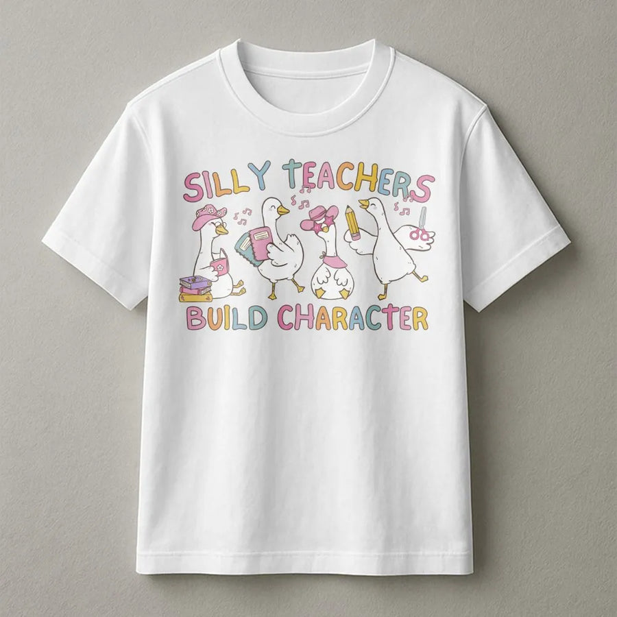 Silly Teacher Goose T-Shirt | Funny Geese Build Character Graphic | Premium Cotton Blend | Back to School Teacher Appreciation Gift