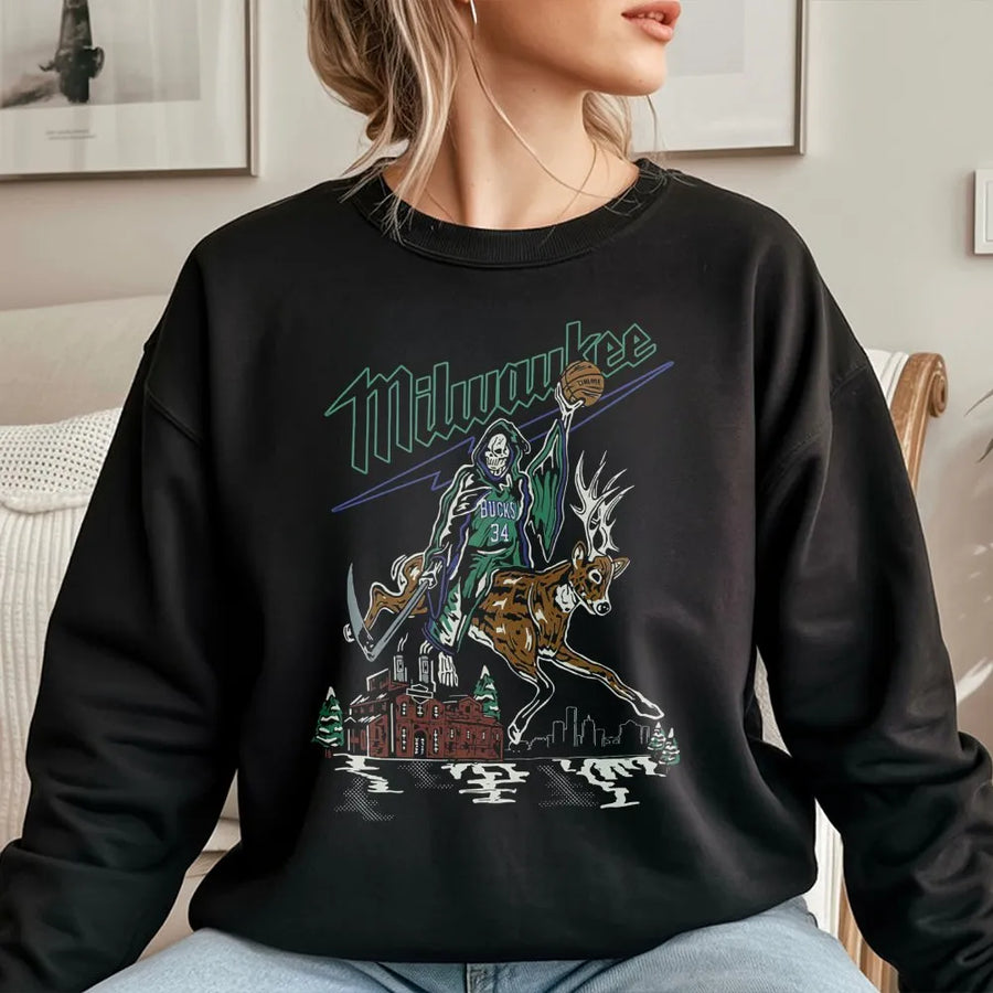 Milwaukee Bucks Grim Reaper Deer Sweatshirt – Giannis 34 Basketball Streetwear Graphic Sweatshirt, Nba Fan Gift, Vintage Milwaukee Bucks Sweatshirt