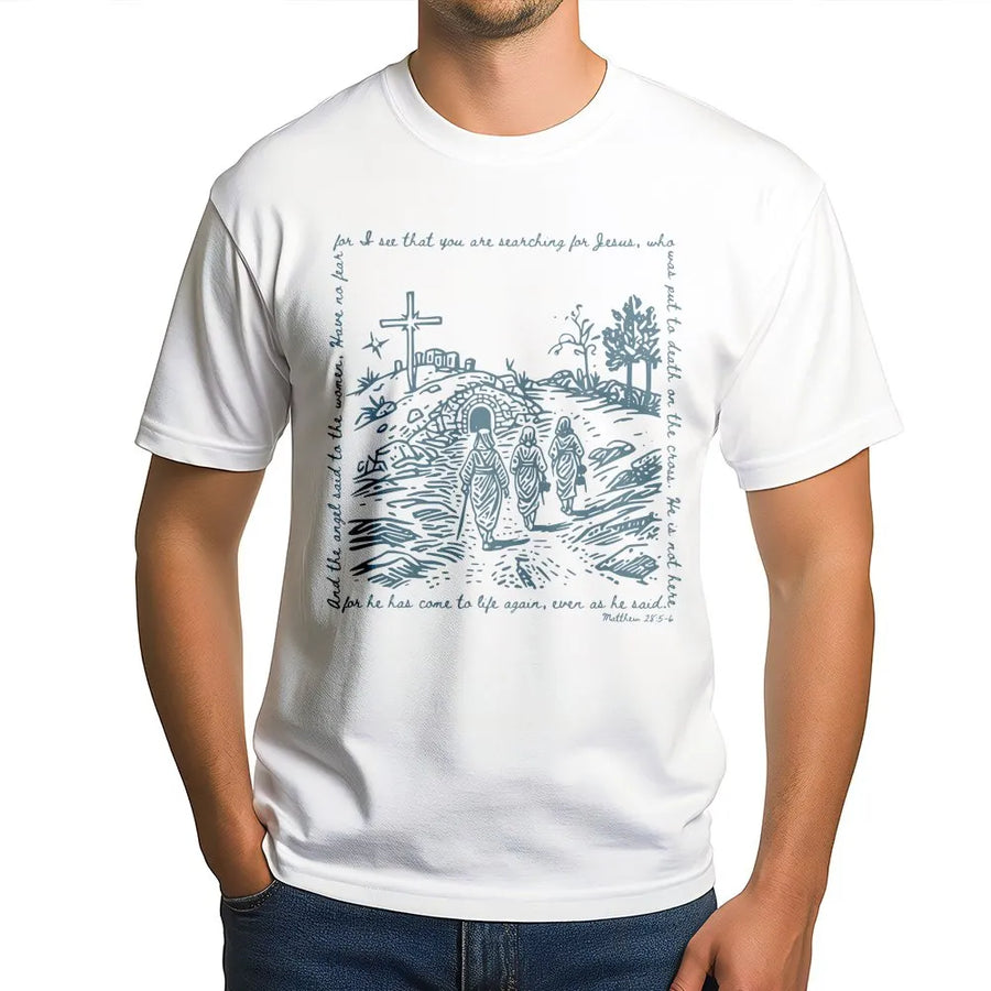 He Is Risen T-Shirt | Women at the Tomb Easter Graphic | Premium Cotton Blend | Christian Faith Gift for Easter Sunday