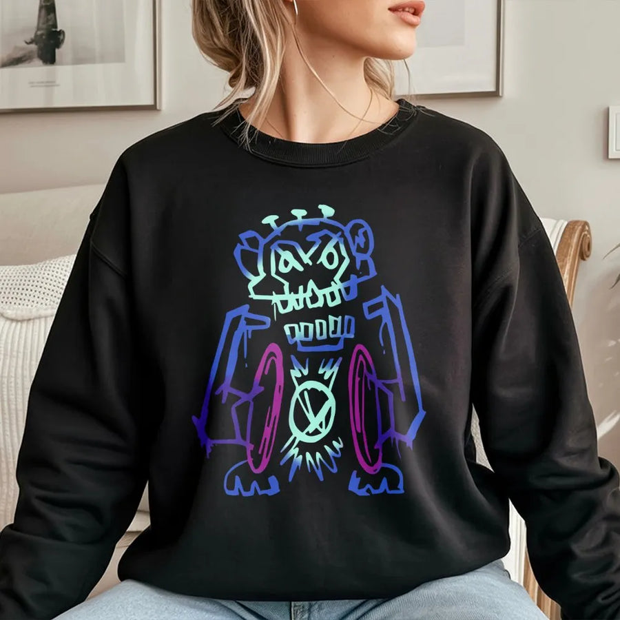 Graffiti Robot Sweatshirt | Neon Street Art Graphic Print | Premium Cotton Blend | Gamer Streetwear Gift for Men and Women
