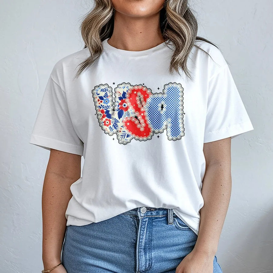 USA T-Shirt | Floral Patchwork Style Graphic Sweatshirt | Premium Cotton Blend | Patriotic 4th of July Gift for Women
