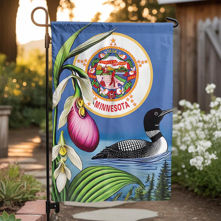 Minnesota State Garden Flag | Lady Slipper and Loon Nature Design | Premium Weather-Resistant Polyester | Outdoor Yard Decor Gift