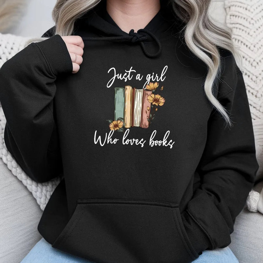Just A Girl Who Loves Books Hoodie | Floral Aesthetic Library Design | Premium Cotton Blend | Gift For Book Readers, Librarian, Teacher