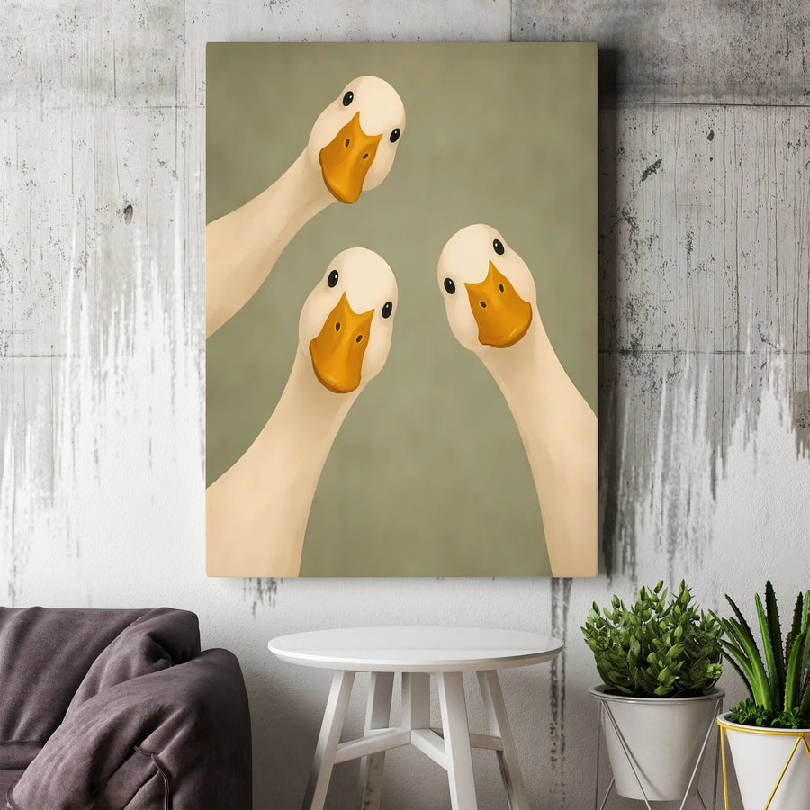 Funny Peeking Geese Vertical Canvas | Cute Curious Duck Wall Art | Premium 1.25" Gallery Wrap Print | Whimsical Animal Lover Gift for Home & Nursery