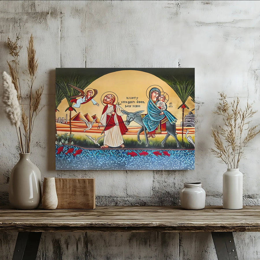 Coptic Icon Holy Family Wall Art | Flight To Egypt Orthodox Religious Painting | Premium Gallery Wrap Canvas | Christian Home Decor Gift