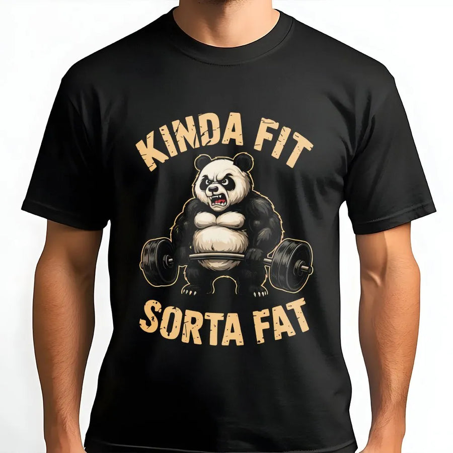 Funny Panda Gym T-Shirt | Kinda Fit Sorta Fat Weightlifting Graphic | Premium Cotton Blend Crewneck | Workout Humor Gift for Lifters