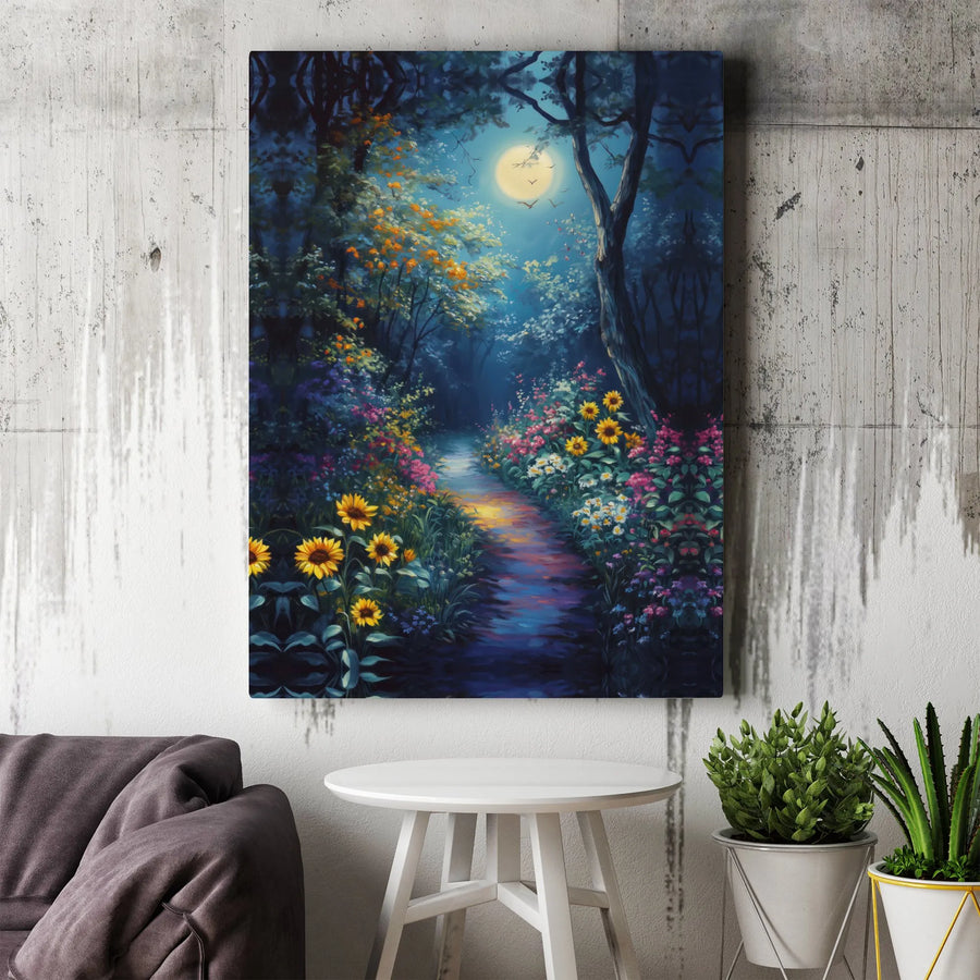 Enchanted Forest Canvas Wall Art | Moonlight Sunflower Path | Premium Gallery Wrap | Nature-Inspired Home Decor Gift