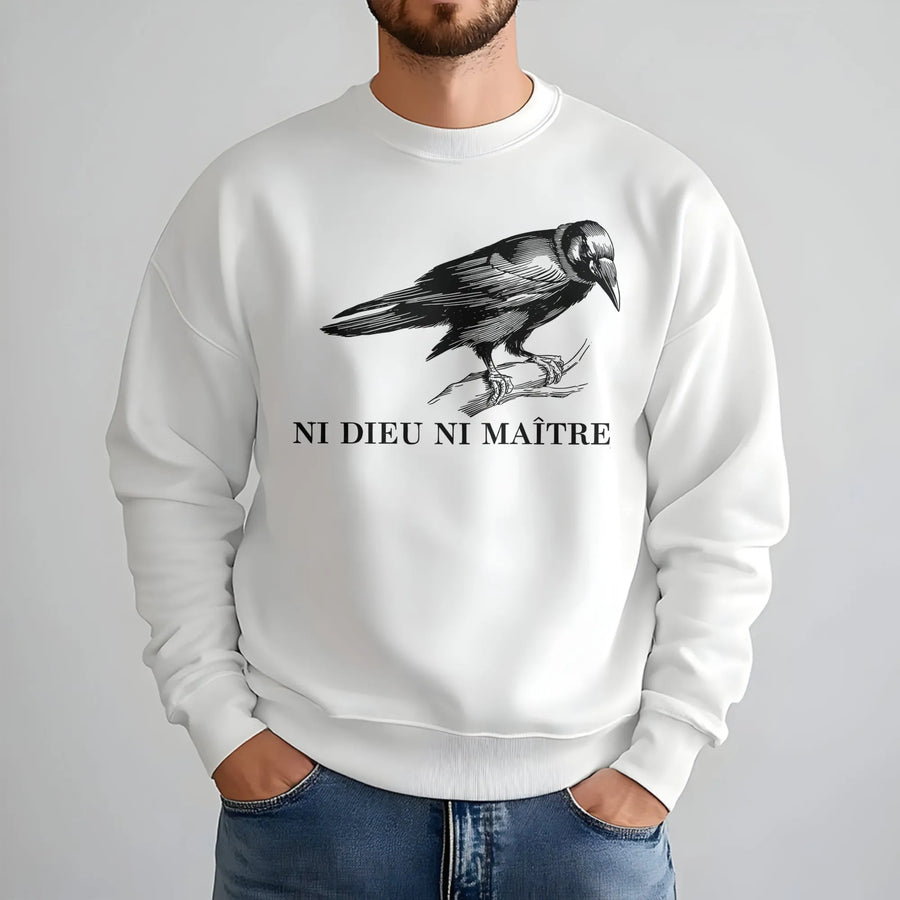 Ni Dieu Ni Maitre Sweatshirt | Crow Illustration Graphic | Premium Cotton Blend | Anarchist Anti-Authoritarian Gift for Activists
