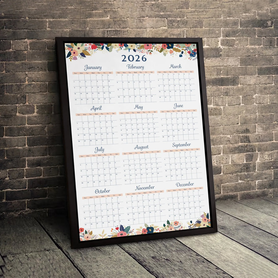 2026 Year At A Glance Calendar Canvas | Floral Botanical Art Print | Premium 1.25 Inch Gallery Wrap | Wall Decor Gift for Office and Home