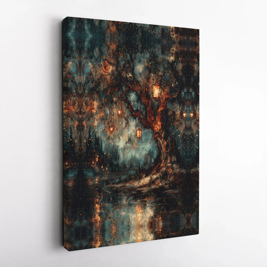 Enchanted Forest Canvas Wall Art | Glowing Lantern Tree Painting | Premium Gallery Wrap Print | Whimsical Home Decor Gift