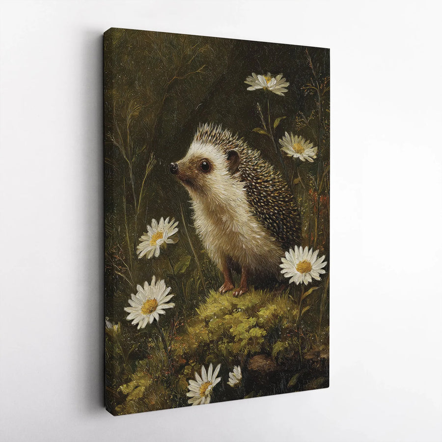 Vintage Hedgehog Painting Canvas Art | Charming Woodland Hedgehog & Daisy Print | Premium Gallery Wrapped Canvas | Cottagecore Nursery Decor Gift for Animal Lover