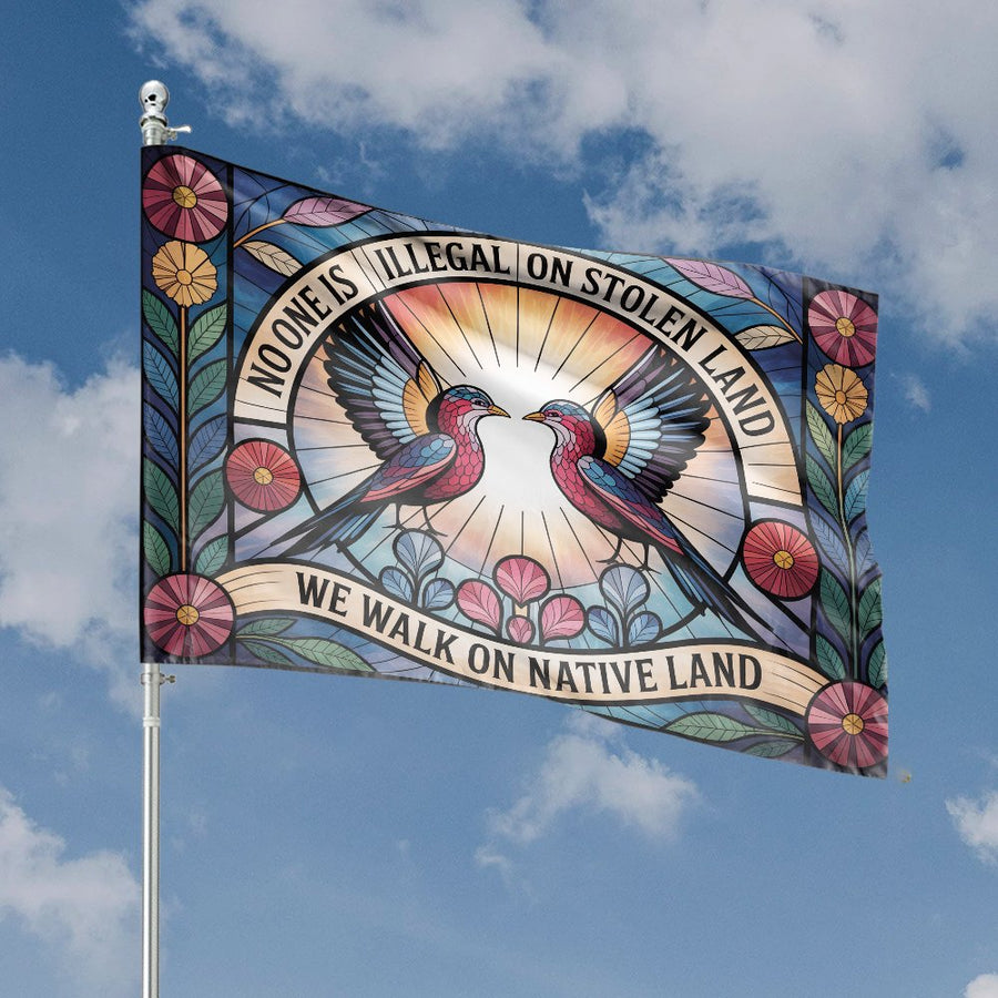 No One Is Illegal House Flag | Stained Glass Art Style | Premium Weather-Resistant Polyester | Native Rights Social Justice House Banner