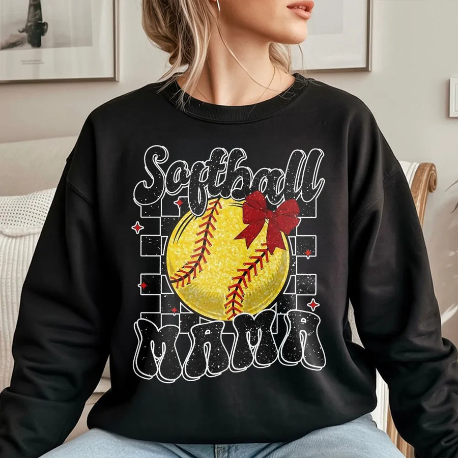 Softball Mama Sweatshirt | Retro Checkerboard Bow Graphic | Premium Cotton Blend Crewneck | Game Day Apparel Gift for Softball Mom