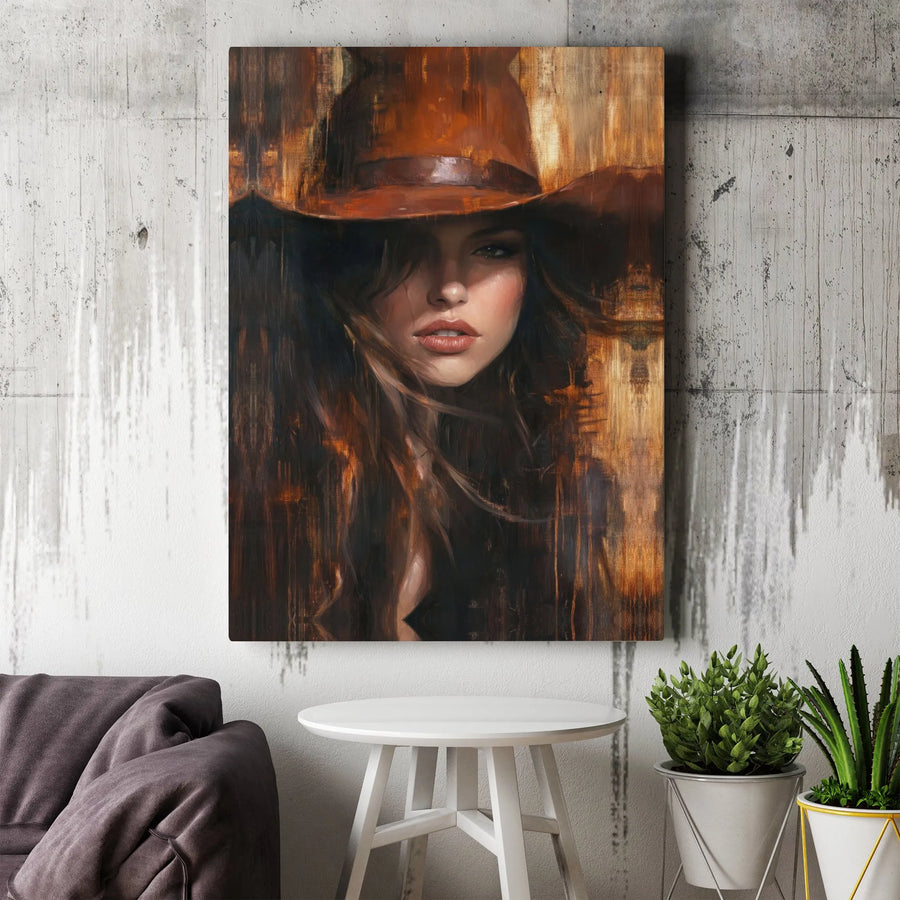 Cowgirl Wall Art Canvas | Moody Western Portrait With Cowboy Hat | Premium Gallery-Wrapped Decor | Southwestern Farmhouse Home Accent