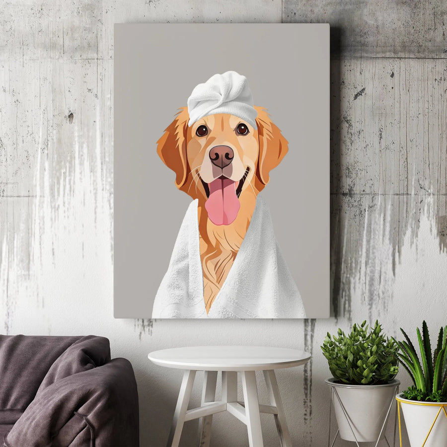 Golden Retriever Wall Art | Spa Dog with Towel Portrait | Premium Gallery Wrap Canvas | Funny Animal Bathroom Decor Gift for Dog Lovers