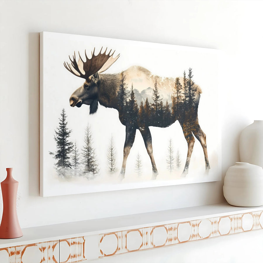 Moose Double Exposure Canvas Art | Mountain Forest Silhouette Wall Decor | Premium Gallery Wrap Print | Nature Lover Gift for Cabin Home
