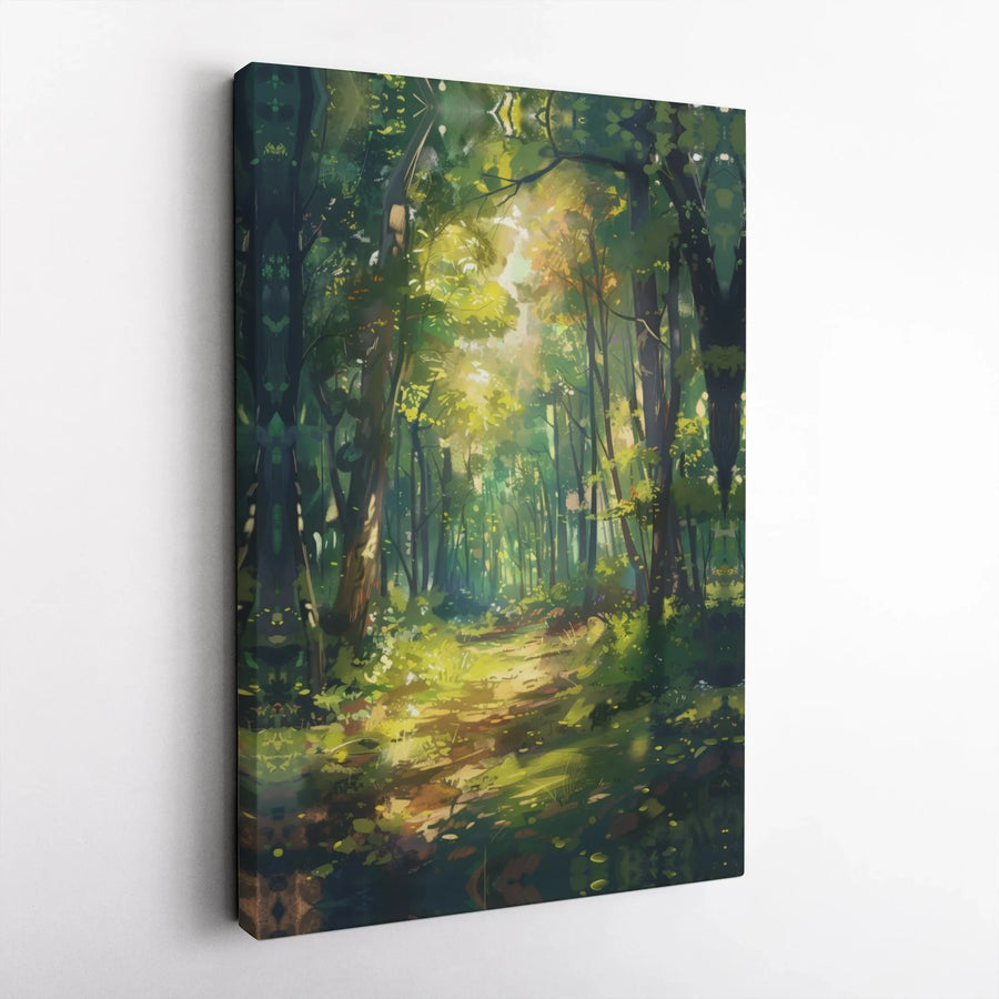Forest Wall Art Canvas | Sunlit Woodland Path Painting | Gallery Wrapped Premium Decor | Nature Inspired Living Room Home Office Gift
