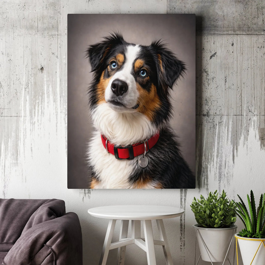 Australian Shepherd Canvas Wall Art | Realistic Dog Portrait with Blue Eyes | Gallery Wrapped Premium Canvas | Gift for Aussie Owner & Dog Lovers