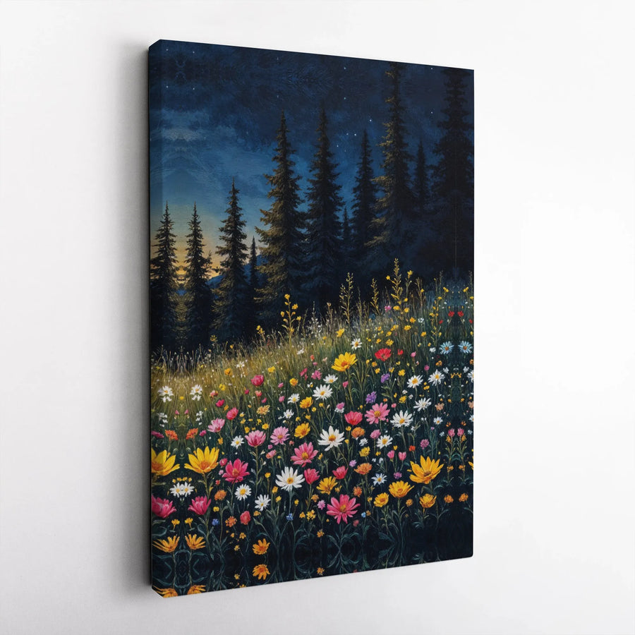 Night Sky Wildflower Meadow Vertical Canvas | Starry Forest Pine Trees & Vibrant Floral Art | Premium 1.25" Gallery Style Frameless Print | Nature Lover Gift & Cozy Living Room Decor