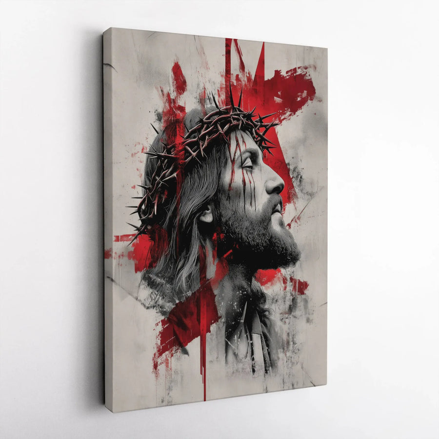 Jesus Christ Canvas Art | Crown Of Thorns Red Splash Portrait | Premium Gallery Wrap Decor | Religious Wall Art Gift For Home