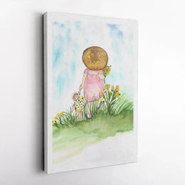 Little Girl with Doll Canvas Wall Art | Watercolor Painting of Girl in Summer Field | Premium Gallery Wrapped Canvas | Nursery Decor Gift for Daughter