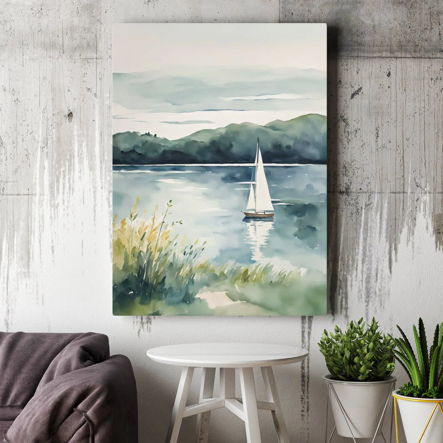 Watercolor Sailboat Canvas Print | Serene Lake Landscape Art | Premium Gallery Wrap Wall Decor | Coastal Nautical Home Office Gift