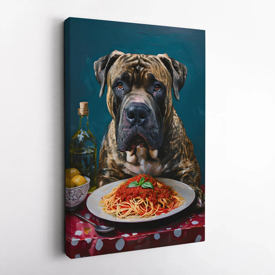 Cane Corso Wall Art | Funny Dog Eating Spaghetti Oil Painting Print | Premium Gallery Wrap Canvas | Unique Gift for Dog Lovers