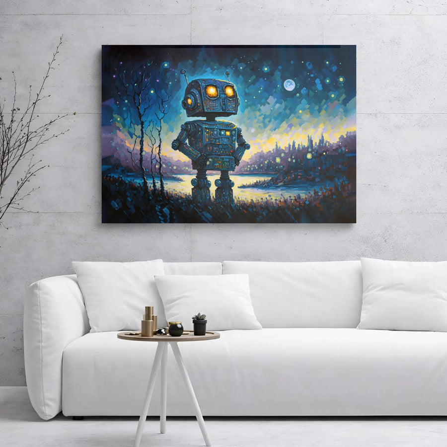 Retro Robot Wall Art | Impressionist Night Cityscape Canvas | Premium 1.25" Gallery Wrap | Unique Sci-Fi Home Office Decor Gift