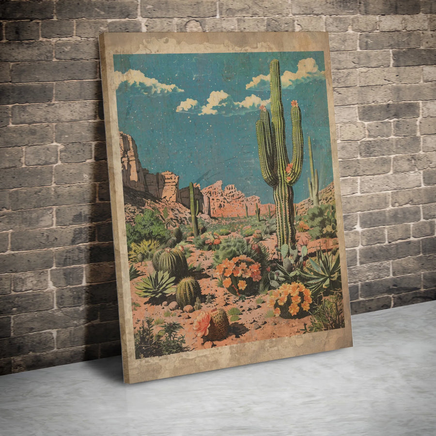 Vintage Desert Landscape Canvas Art | Saguaro Cactus Southwestern Wall Decor | Premium Fade-Resistant Print | Bohemian Home Office Gift