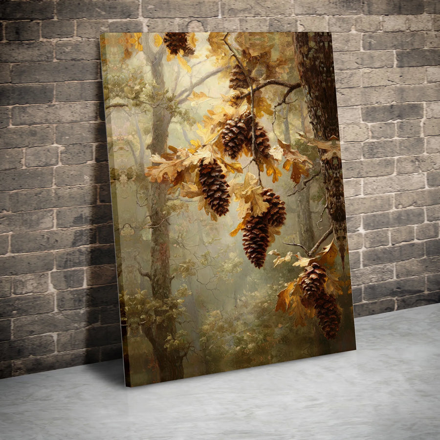 Autumn Forest Canvas Wall Art | Pine Cones and Oak Leaves Nature Print | Premium Gallery-Wrapped Decor | Seasonal Home Gift for Nature Lovers