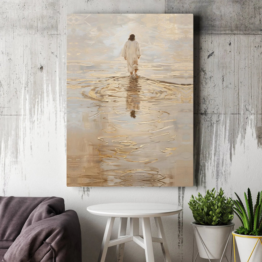 Jesus Walking On Water Canvas | Modern Gold Foil Religious Wall Art | Premium Gallery Wrapped Print | Christian Home Office Decor Gift