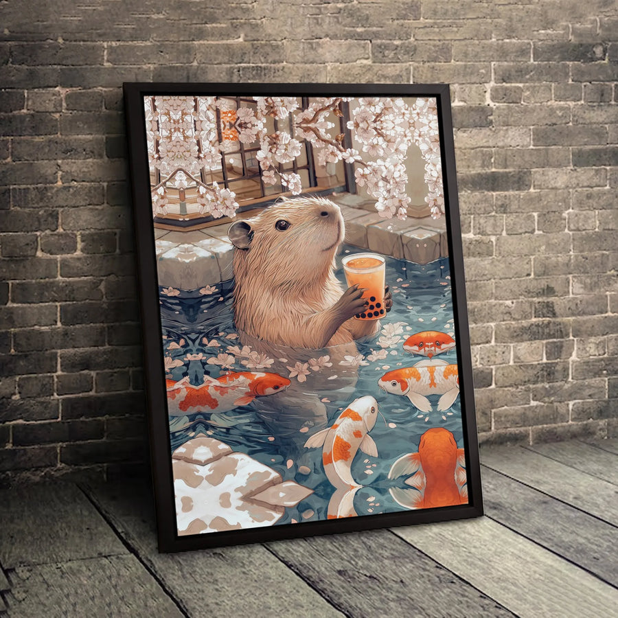 Capybara Wall Art Canvas | Koi Fish & Cherry Blossom Aesthetic | Premium Fade-Resistant Print | Cute Animal Decor Gift for Home or Office