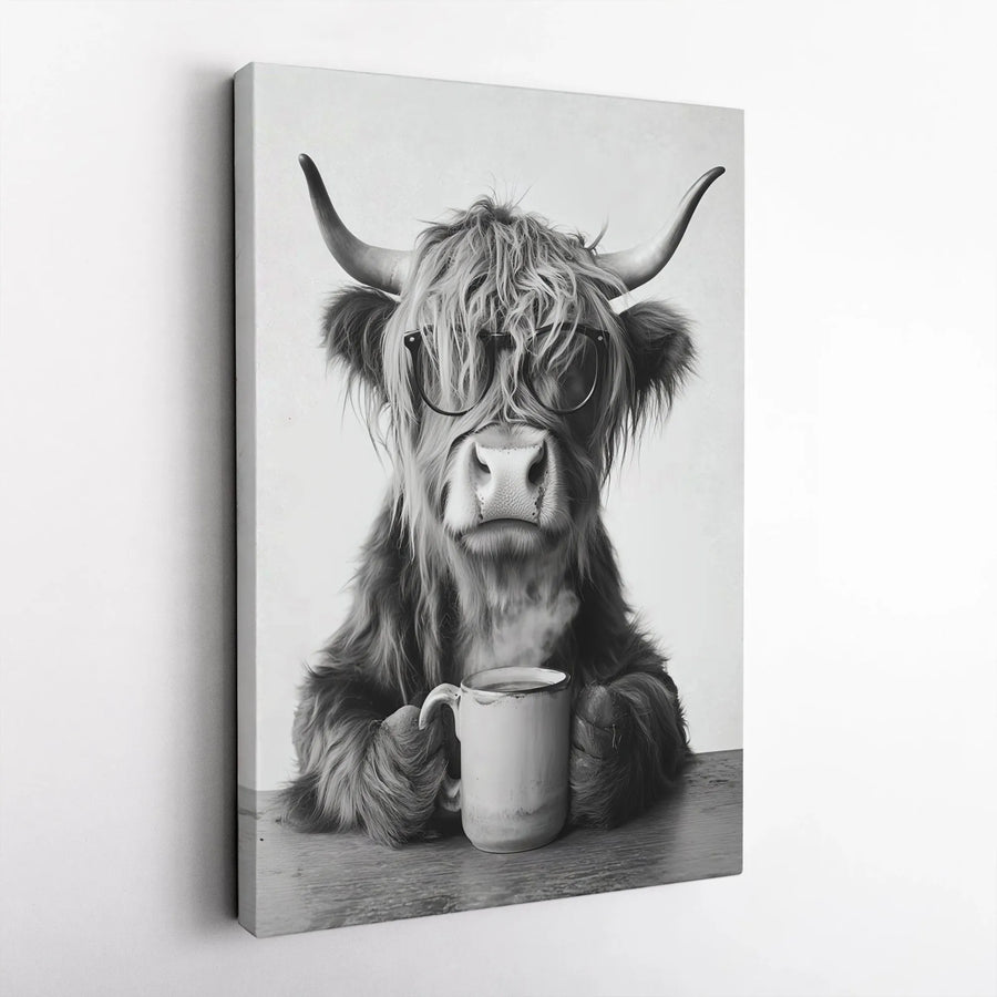 Highland Cow Wall Art | Black and White Coffee Lover Print | Premium Gallery Wrapped Canvas | Farmhouse Kitchen Decor Gift