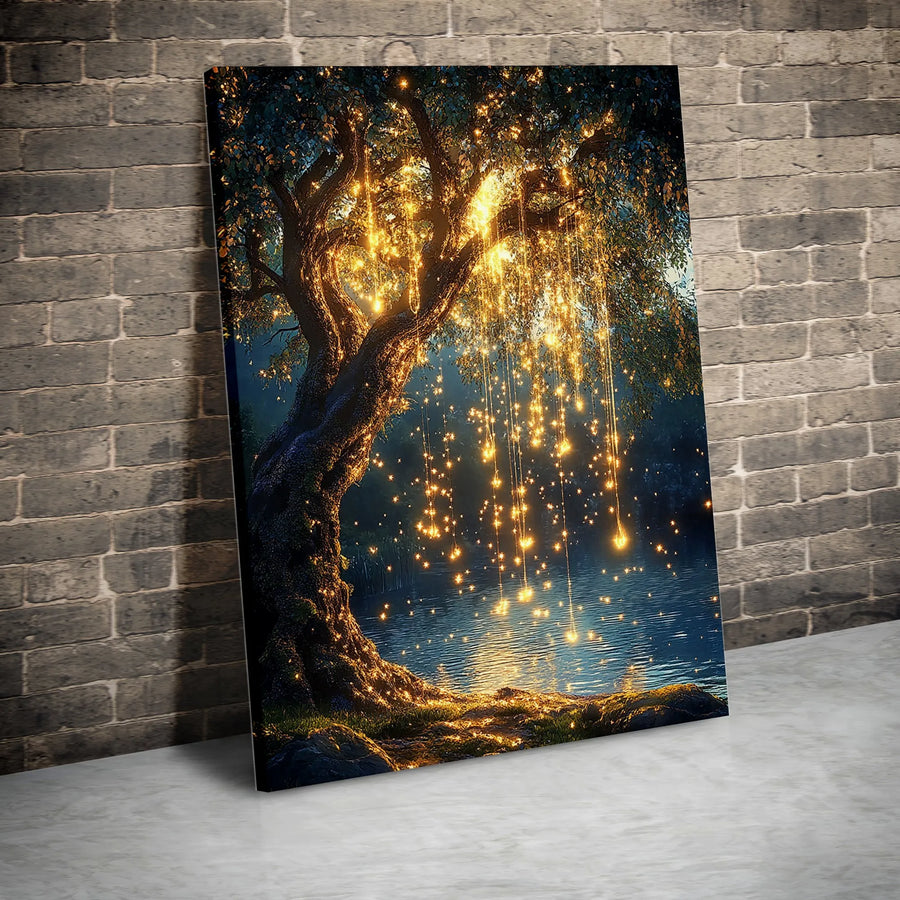 Enchanted Tree Canvas Print | Magical Glowing Fairy Lights Wall Art | Premium Gallery Wrapped Decor | Nature Lover Living Room Gift